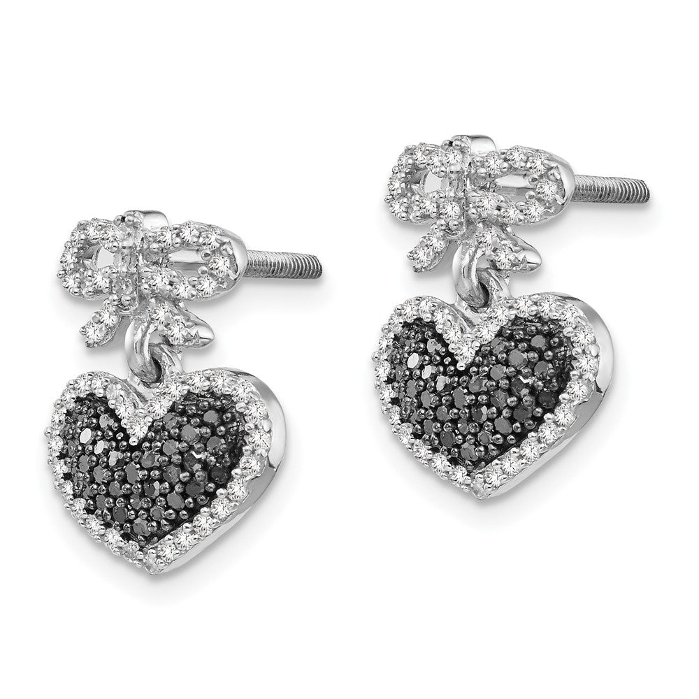 Sterling Silver Black and White Diamond Heart & Bow Post Earrings
