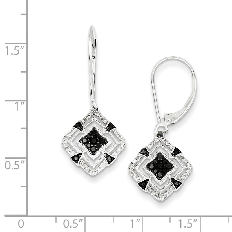 Sterling Silver Rhodium Plated Black & White Diamond Leverback Earrings