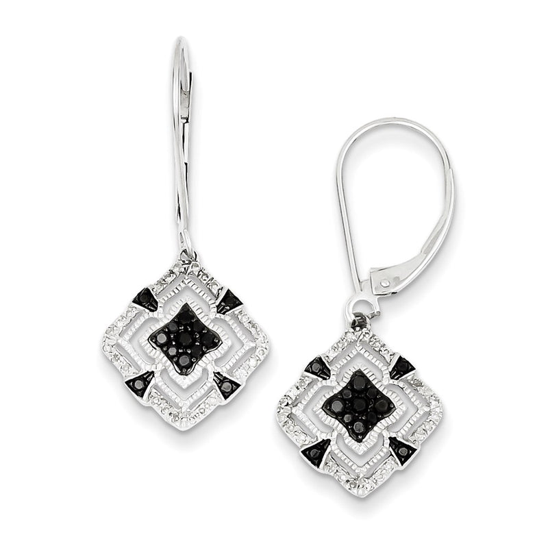 Sterling Silver Rhodium Plated Black & White Diamond Leverback Earrings