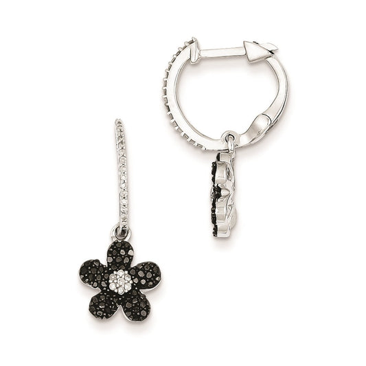 Sterling Silver Black & White Diamond Flower Hinged Hoop Earrings