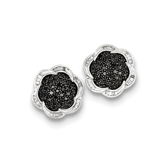 Sterling Silver Black Diamond Flower Post Earrings