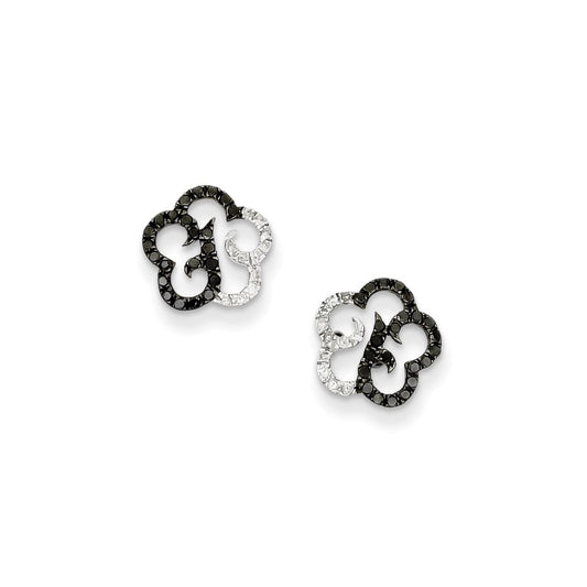 Sterling Silver Black & White Diamond Flower Post Earrings