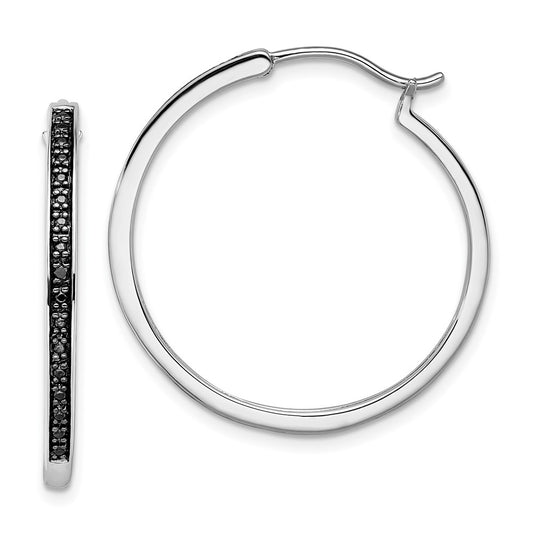 White Night Sterling Silver Rhodium-plated Black Diamond Hoop Earrings