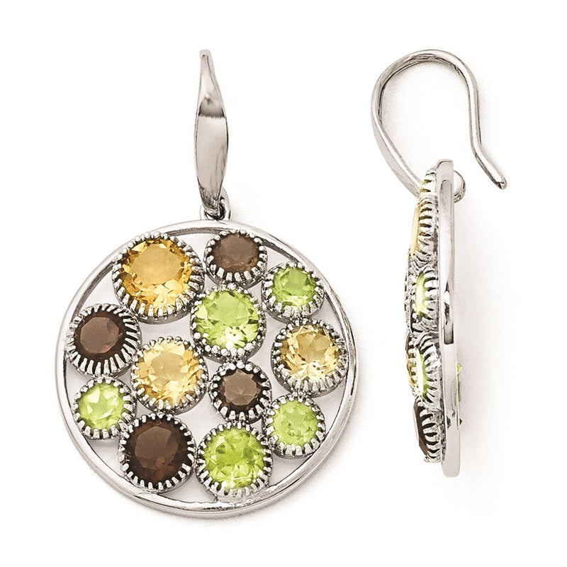 Sterling Silver Rhodium Plated Round Smoky Quartz /Peridot /Citrine Ear