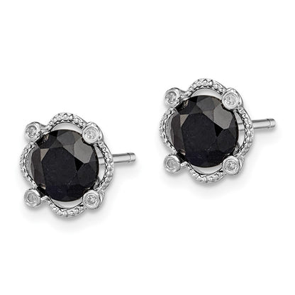Sterling Silver Rhodium-plated Black Sapphire & Diamond Post Earrings