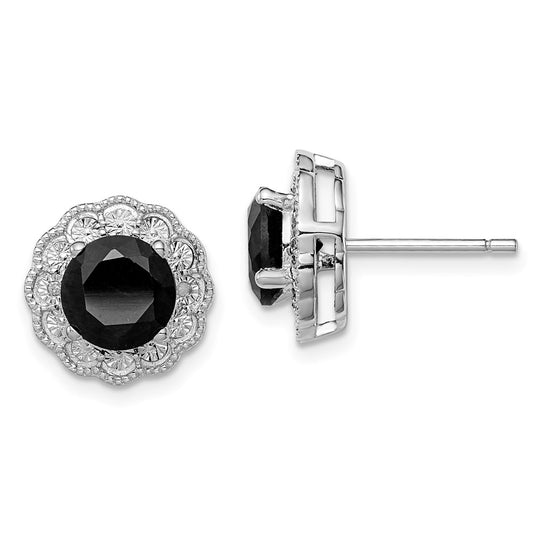 Sterling Silver Rhodium-plated Black Sapphire & Diamond Post Earrings