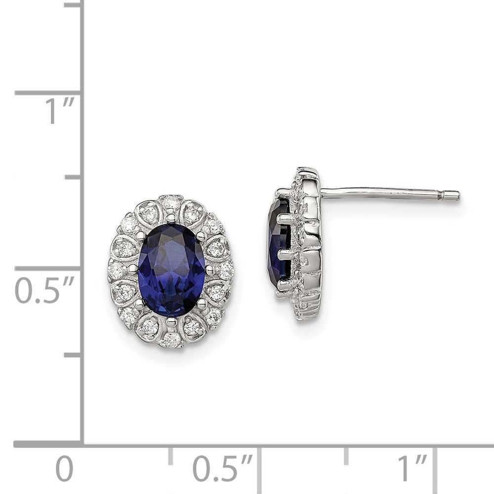 Sterling Silver RH-plated CZ and Created Sapphire Oval Halo Post Earring