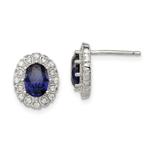Sterling Silver RH-plated CZ and Created Sapphire Oval Halo Post Earring