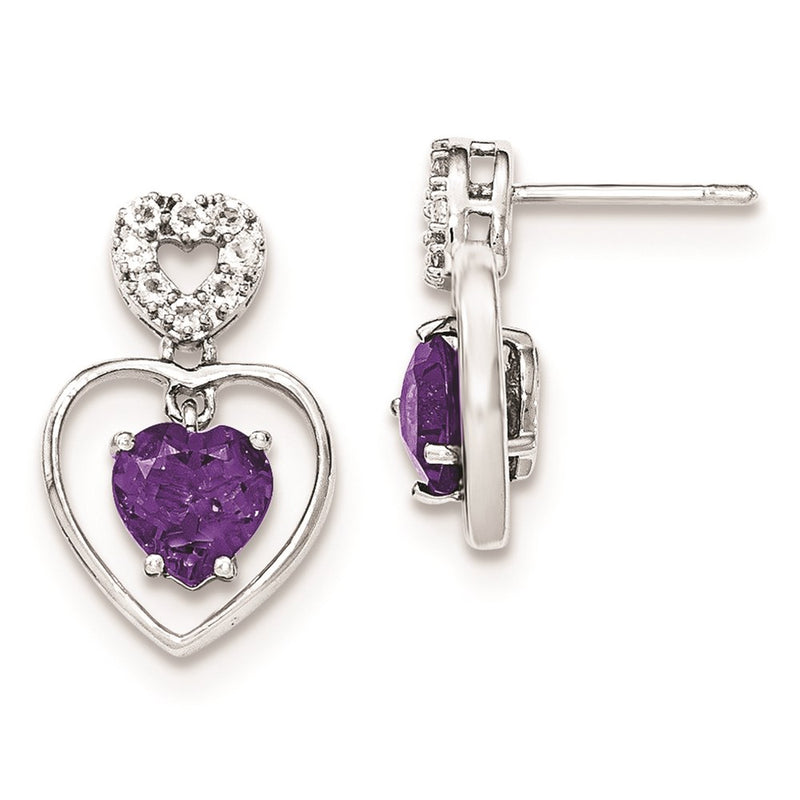Sterling Silver Rhodium-plated Amethyst/White Topaz Heart Post Dangle Ear