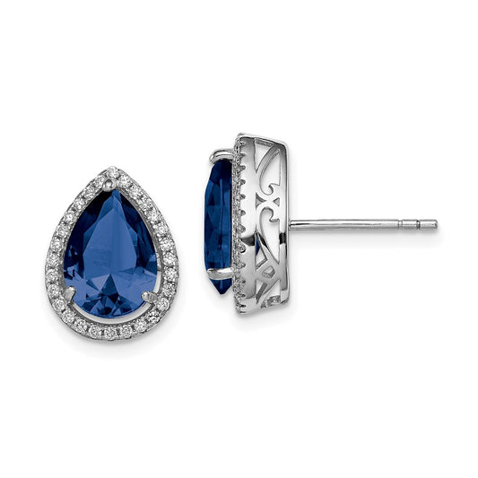 Sterling Silver Rhodium Created Sapphire & CZ Post Earrings