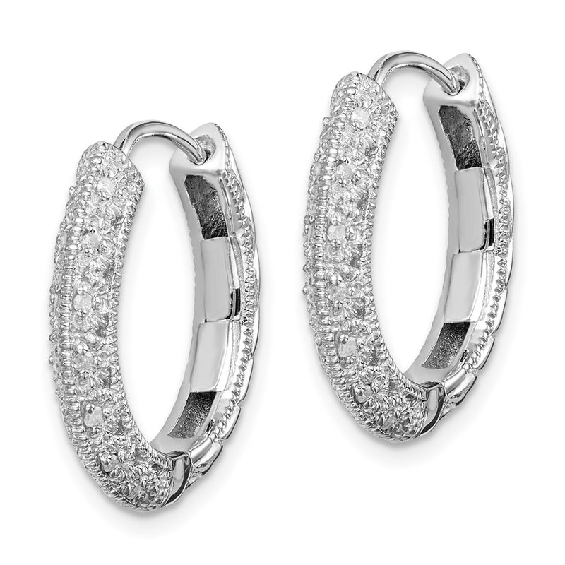 Sterling Silver Rhodium with Diamond Hinged Hoop Earrings