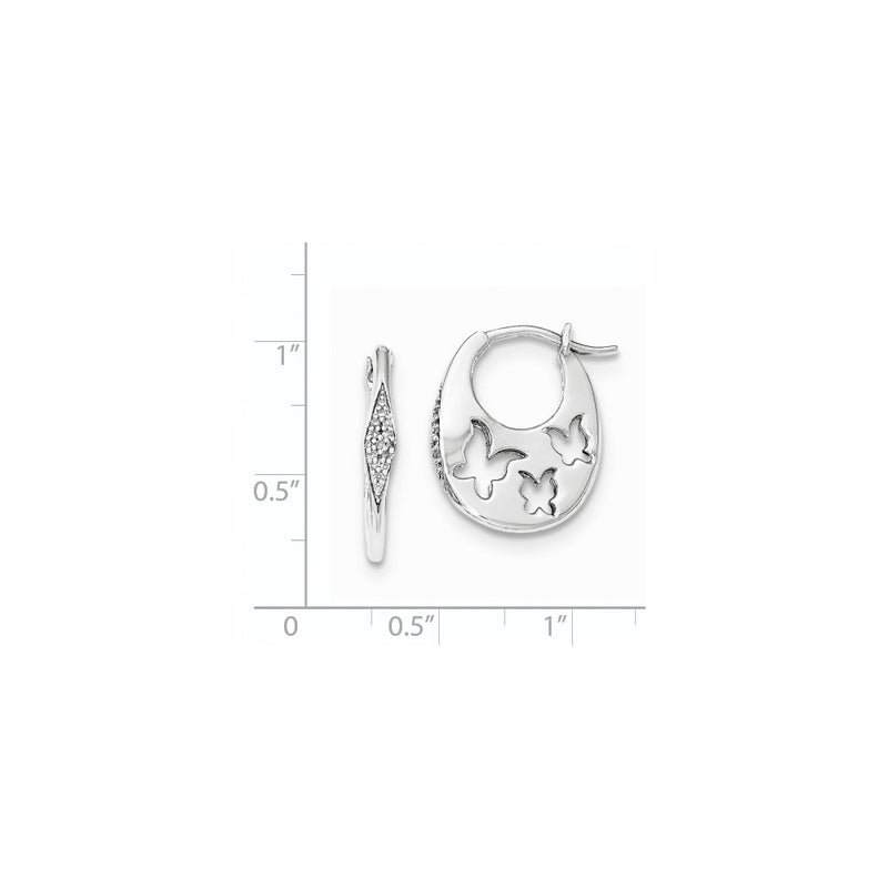 Sterling Silver Diamond with Butterflies Oval Hoop Earrings