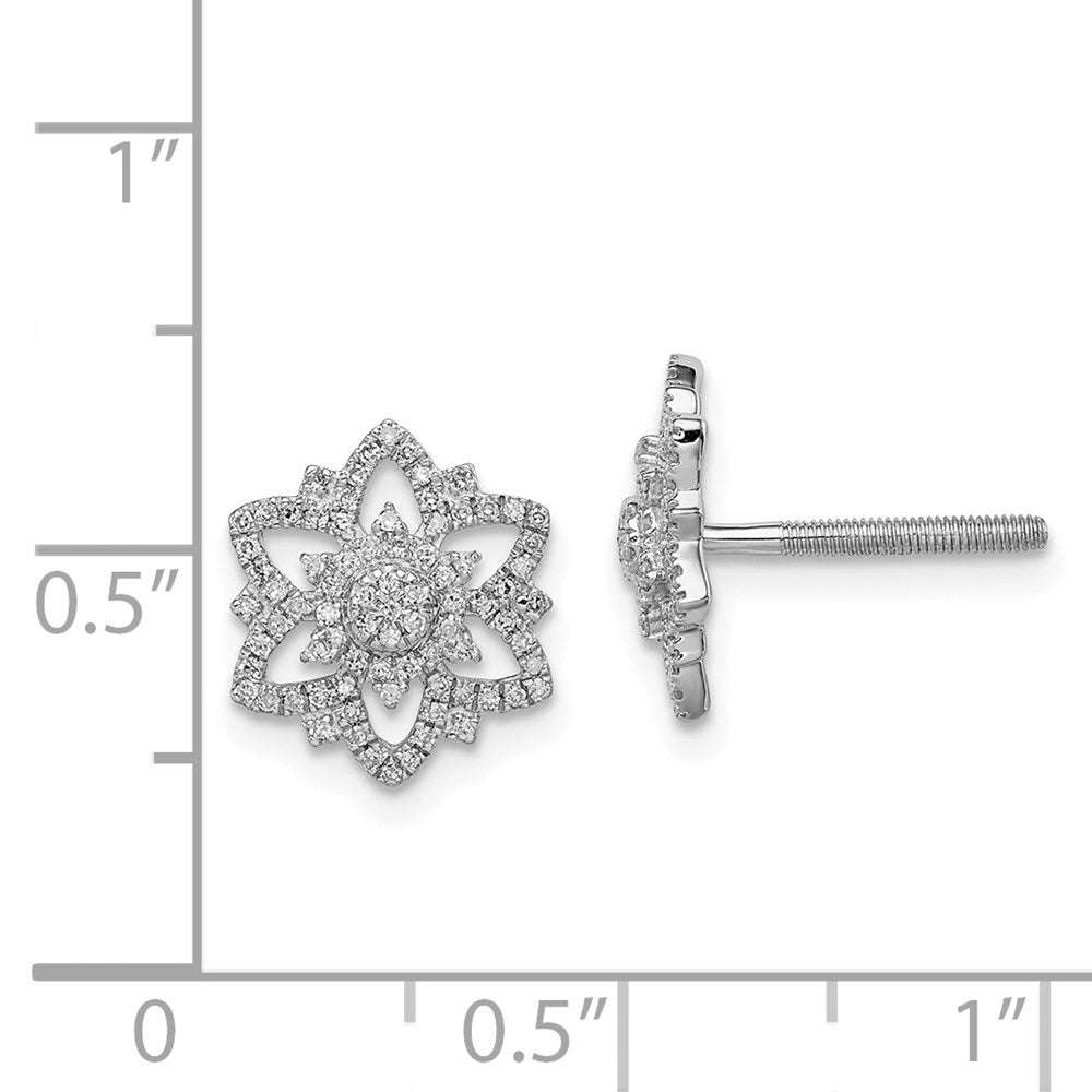 Sterling Silver Rhodium Diamond Flower Screwback Post Earrings