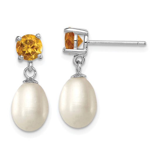 Sterling Silver Rhodium Plated Citrine and 7-8mm Freshwater Cultured Pearl Teardrop Dangle Post Earrings