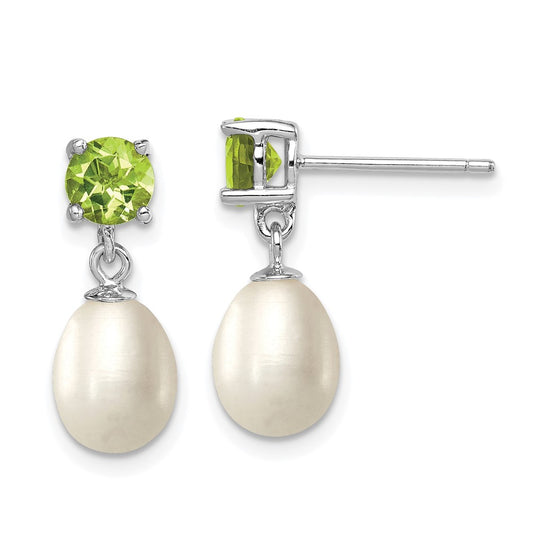 Sterling Silver Rhodium Plated Peridot and 7-8mm Freshwater Cultured Pearl Teardrop Dangle Post Earrings