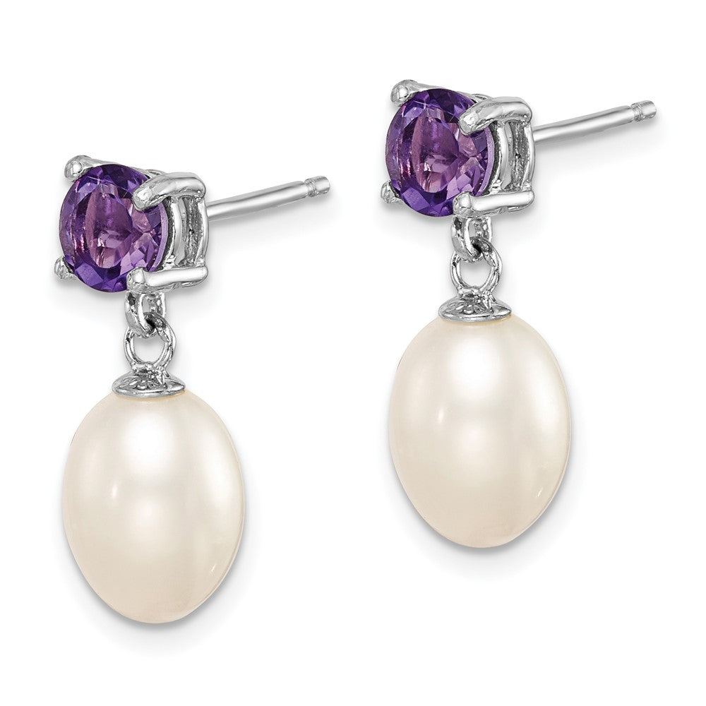 Sterling Silver Rhodium Plated Amethyst and 7-8mm Freshwater Cultured Pearl Teardrop Dangle Post Earrings
