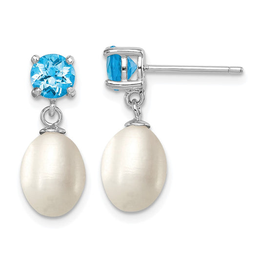 Sterling Silver Rhodium Plated Blue Topaz and 7-8mm Freshwater Cultured Pearl Teardrop Dangle Post Earrings