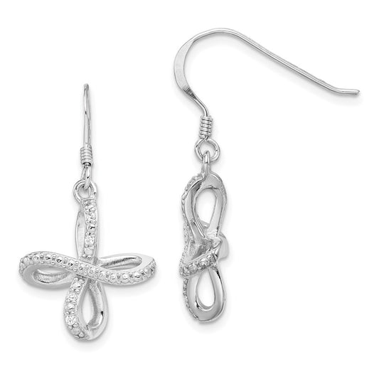Sterling Silver Rhodium-plated Diamond Cross Shepherd Hook Earrings