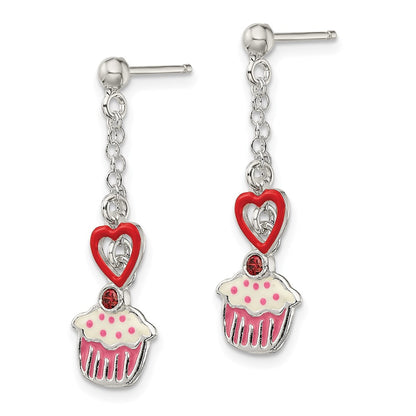 Sterling Silver Polished Enamel Garnet Heart & Cupcake Post Earrings