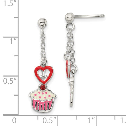 Sterling Silver Polished Enamel Garnet Heart & Cupcake Post Earrings
