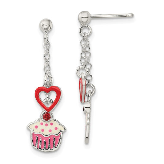 Sterling Silver Polished Enamel Garnet Heart & Cupcake Post Earrings