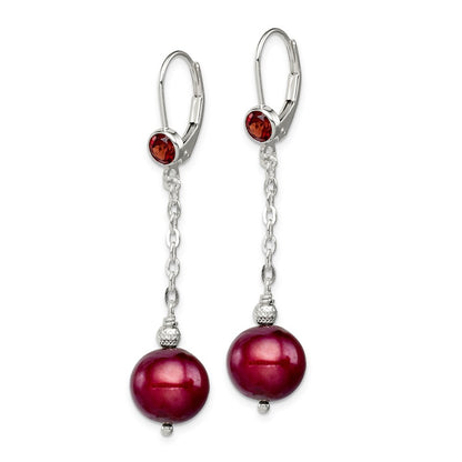 Sterling Silver Garnet & 9-10mm Cranberry FWC Pearl Leverback Earrings