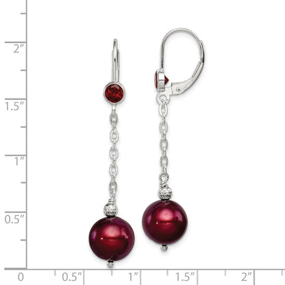Sterling Silver Garnet & 9-10mm Cranberry FWC Pearl Leverback Earrings
