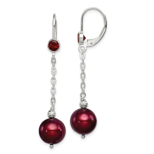 Sterling Silver Garnet & 9-10mm Cranberry FWC Pearl Leverback Earrings
