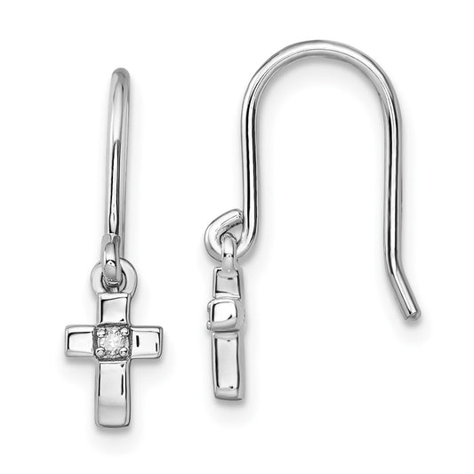 Sterling Silver Rhodium Diamond Cross Dangle Shepherds Hook Earrings