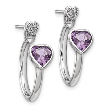 Sterling Silver Diamond & Pink Amethyst Heart Front & Back Post Earrings