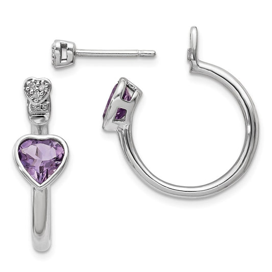 Sterling Silver Diamond & Pink Amethyst Heart Front & Back Post Earrings
