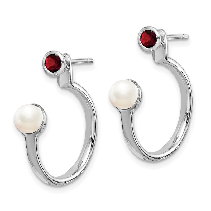 Sterling Silver Rhodium-plated FWC Pearl & Garnet Front & Back Post Earring
