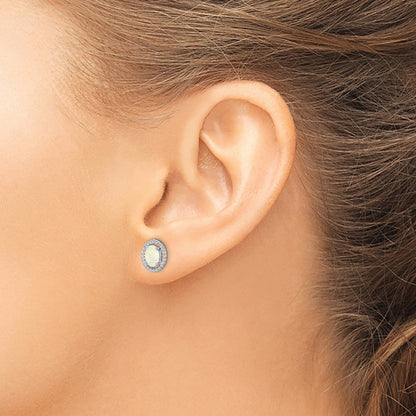 Sterling Silver Rhod-plat Milky Opal Oval Post Earrings