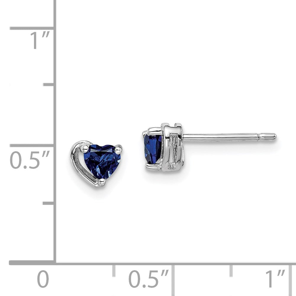Sterling Silver Rhod-plated Created Sapphire Heart Post Earrings