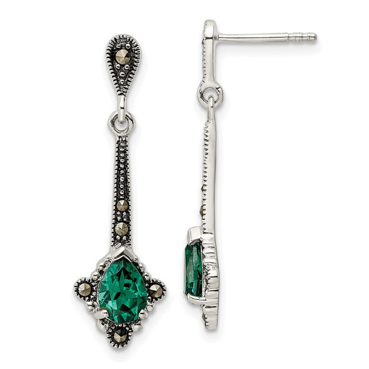 Sterling Silver Antiqued Marcasite & Lab Created Green Quartz Earrings
