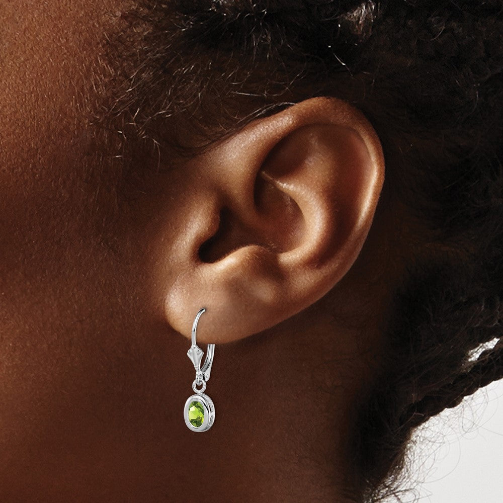 Sterling Silver Rhodium Plated 6x4mm Oval Peridot Leverback Earrings