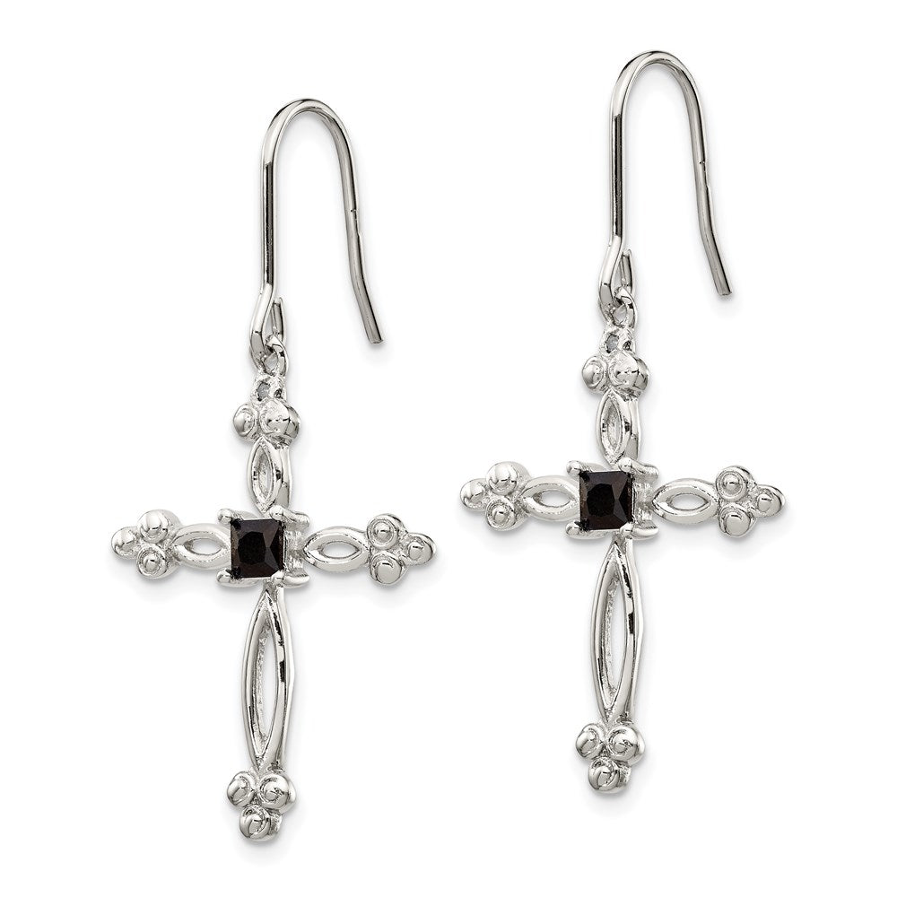 Sterling Silver Rhodium-plated Polished Diamond Accent & Black CZ Budded Cross Dangle Earrings