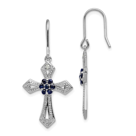 Sterling Silver Rhodium-plated Polished & Beaded Diamond Accent & Black CZ Passion Cross Dangle Earrings
