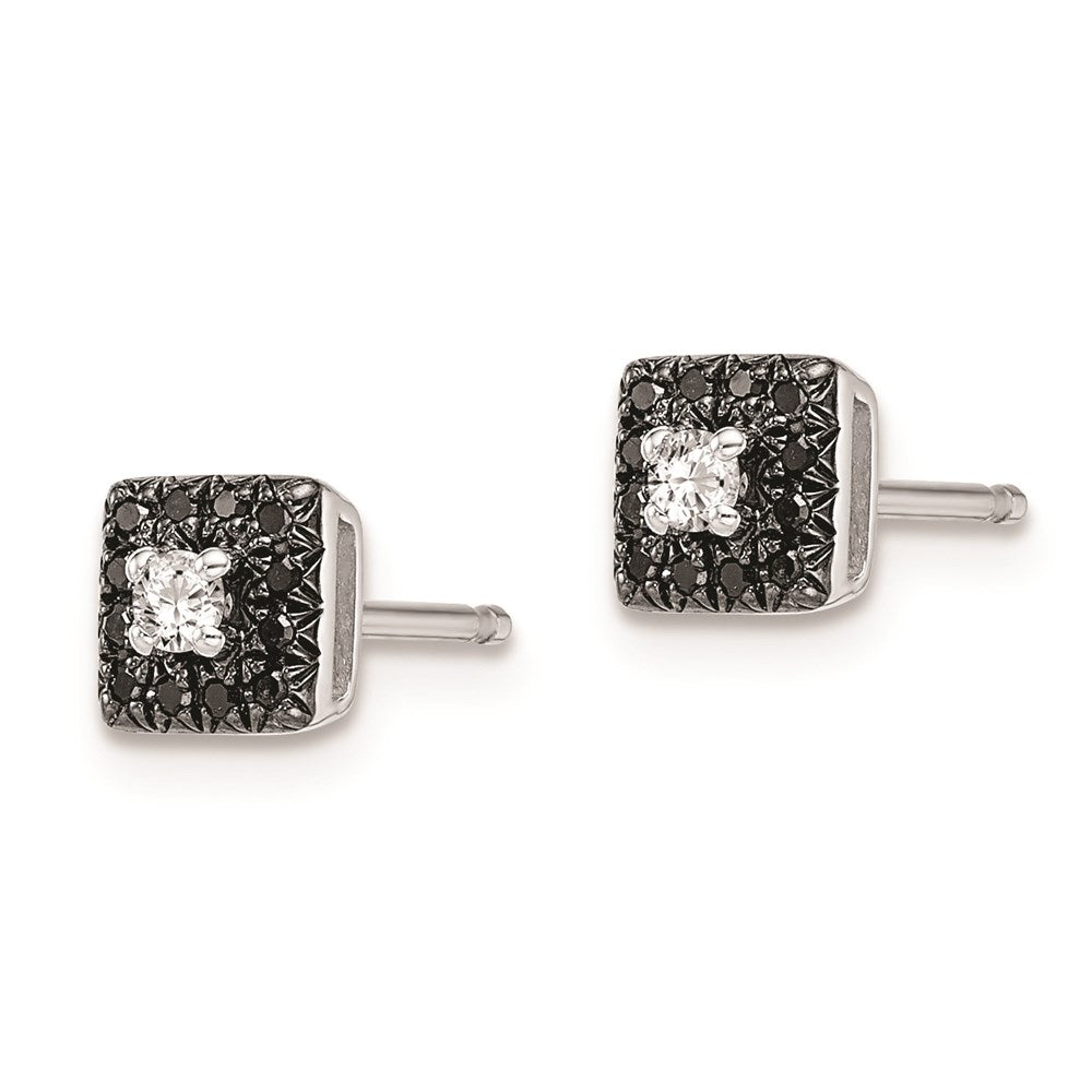 White Night Sterling Silver Rhodium-plated Black and White Diamond Square Stud Post Earrings