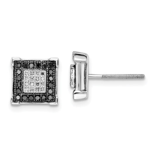 White Night Sterling Silver Rhodium-plated Black and White Diamond Square Post Earrings