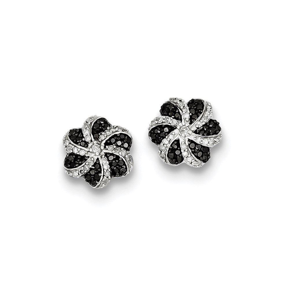 Sterling Silver Black and White Diamond Flower Post Earrings
