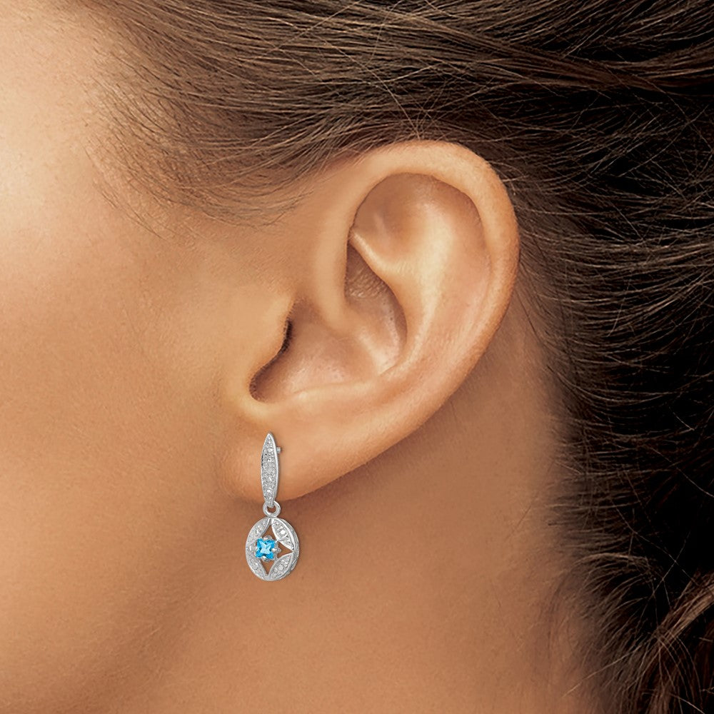 Sterling Silver Blue Topaz Diamond Post Dangle Earrings