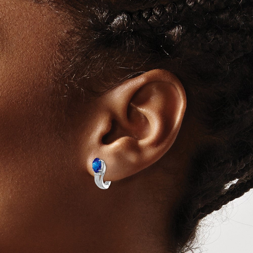 Sterling Silver Rhodium Plated Diamond & Sapphire Hinged Earrings