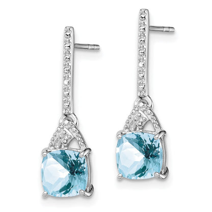 Sterling Silver Rhodium Plated Dia. Aquamarine Post Dangle Earrings