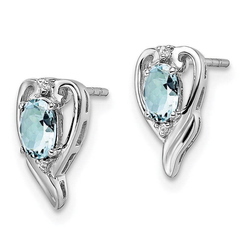 Sterling Silver Rhodium Plated Diamond & Aquamarine Post Earrings