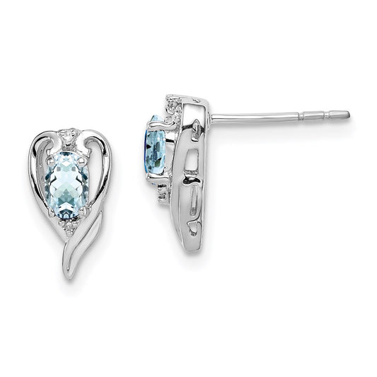 Sterling Silver Rhodium Plated Diamond & Aquamarine Post Earrings