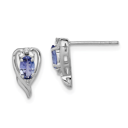 Sterling Silver Rhodium Plated Diamond & Tanzanite Post Earrings