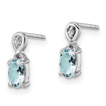 Sterling Silver Rhodium Plated Dia. & Aquamarine Oval Post Earrings