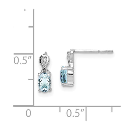 Sterling Silver Rhodium Plated Dia. & Aquamarine Oval Post Earrings
