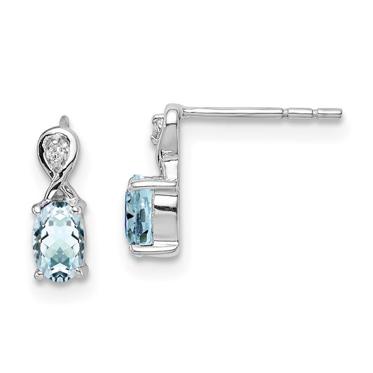 Sterling Silver Rhodium Plated Dia. & Aquamarine Oval Post Earrings
